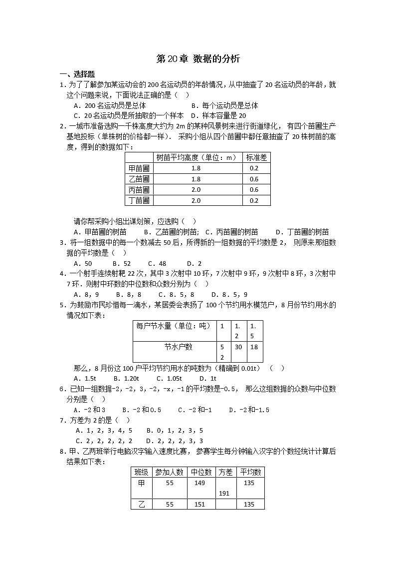 沪科版数学八下 第20章复习（无答案） 试卷01