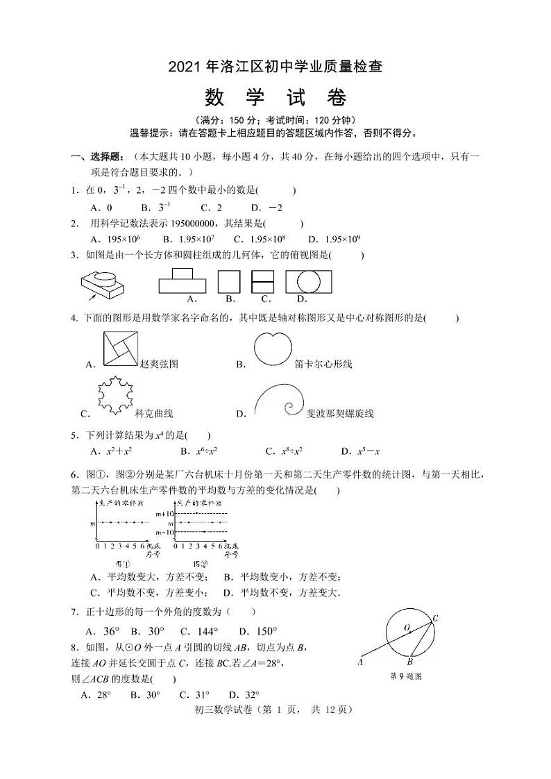 2021年福建省泉州市洛江区初中学业质量检查数学试卷+答案第1页