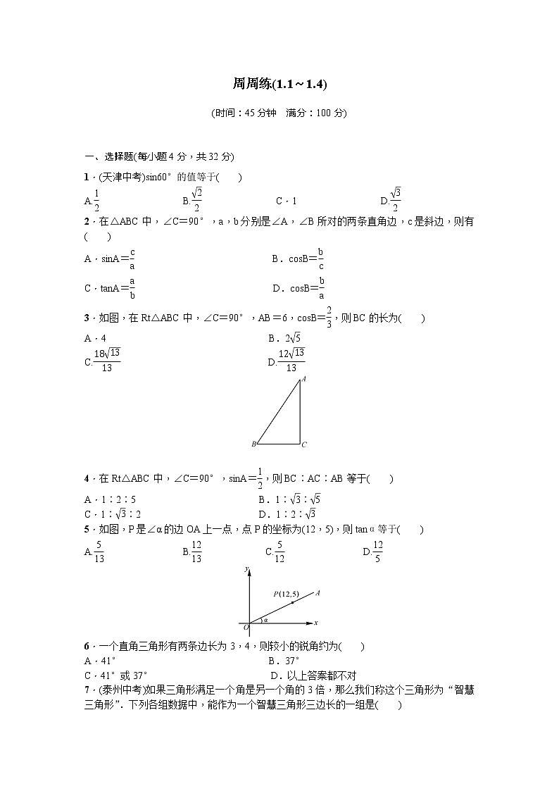北师大九下数学 第一章 直角三角形的边角关系周周测9（1.1~1.4）01
