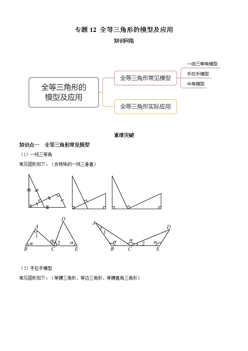 专题12 全等三角形的模型及应用（知识点串讲）（原卷版）第1页