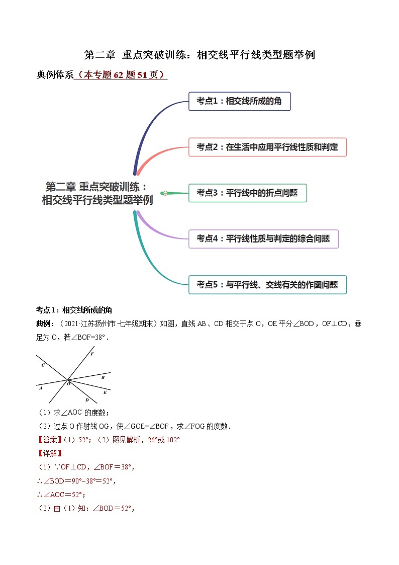 第二章 重点突破训练：相交线平行线类型题举例-简单数学之2021-2022学年七年级下册同步讲练（解析版）（北师大版）第1页