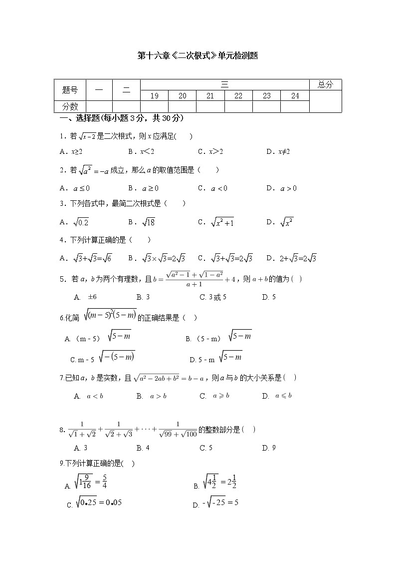 第十六章 二次根式 单元同步检测试题2021-2022学年 人教版八年级数学下册（word版含答案）第1页