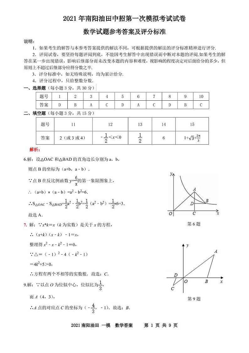 河南省南阳市油田2021年中招第一次模拟数学答案第1页