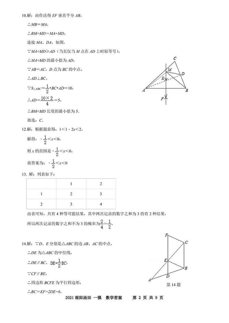 河南省南阳市油田2021年中招第一次模拟数学答案第2页