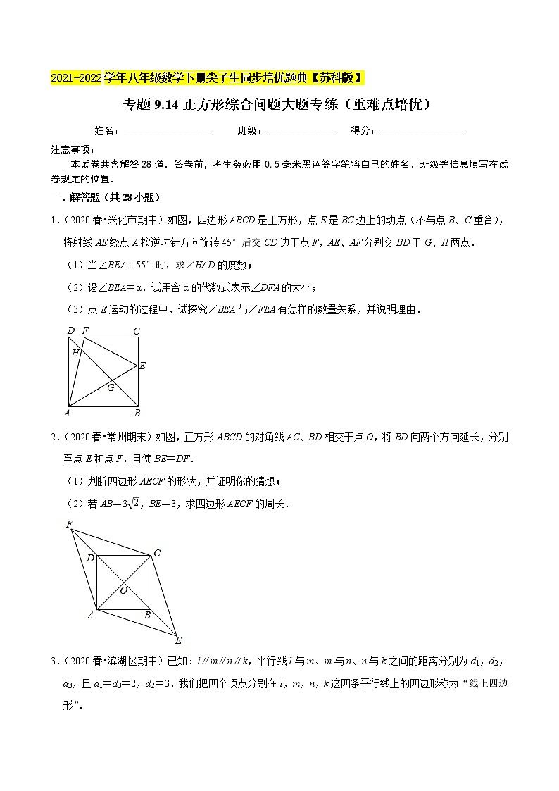 专题9.14正方形综合问题大题专练（重难点培优）-2021-2022学年八年级数学下册尖子生同步培优题典【苏科版】01