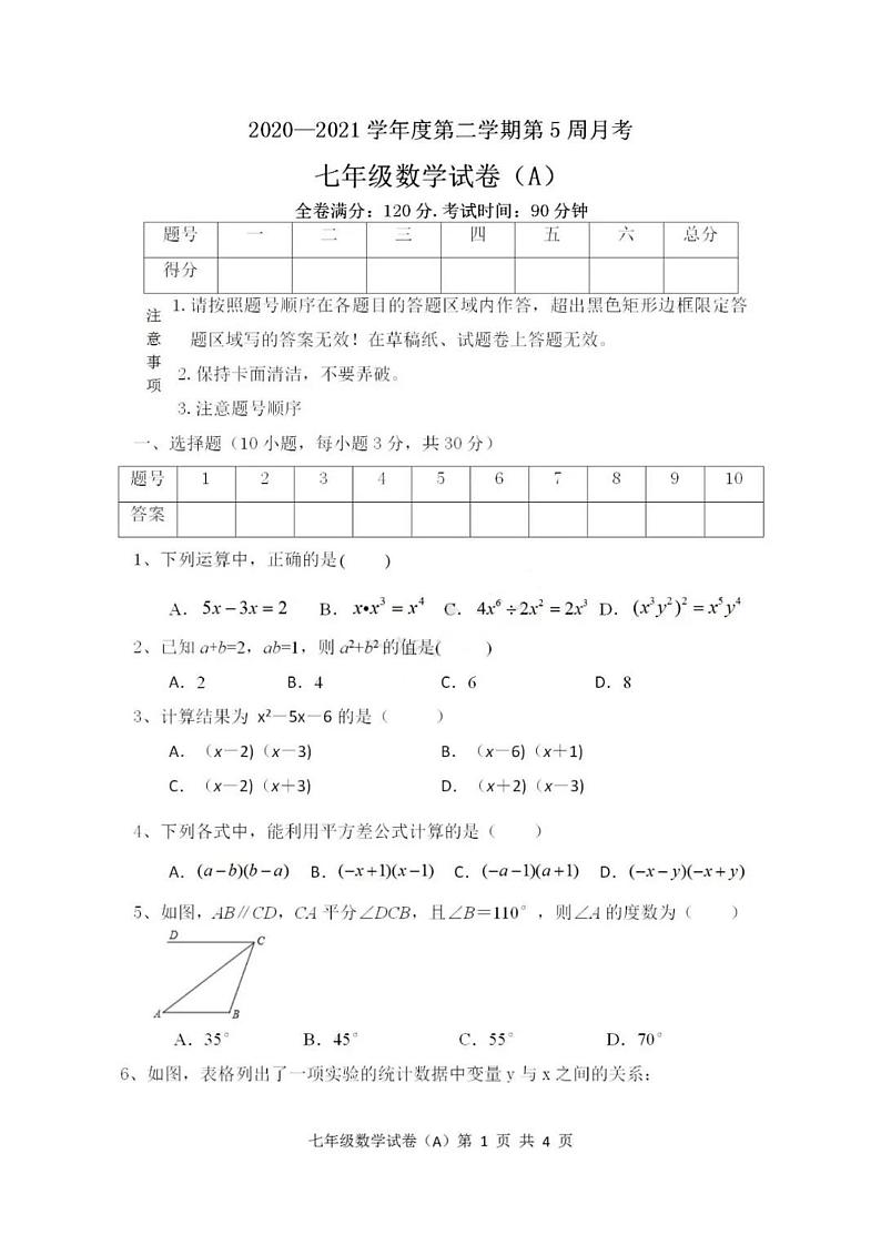 广东省茂名市直学校2020-2021学年度第二学期第五周月考（七年级数学试卷A）第1页