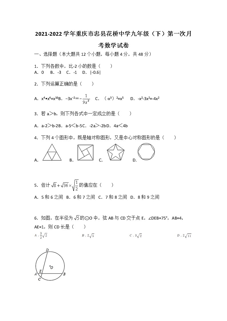 2021-2022学年重庆市忠县花桥中学九年级（下）第一次月考数学试卷第1页