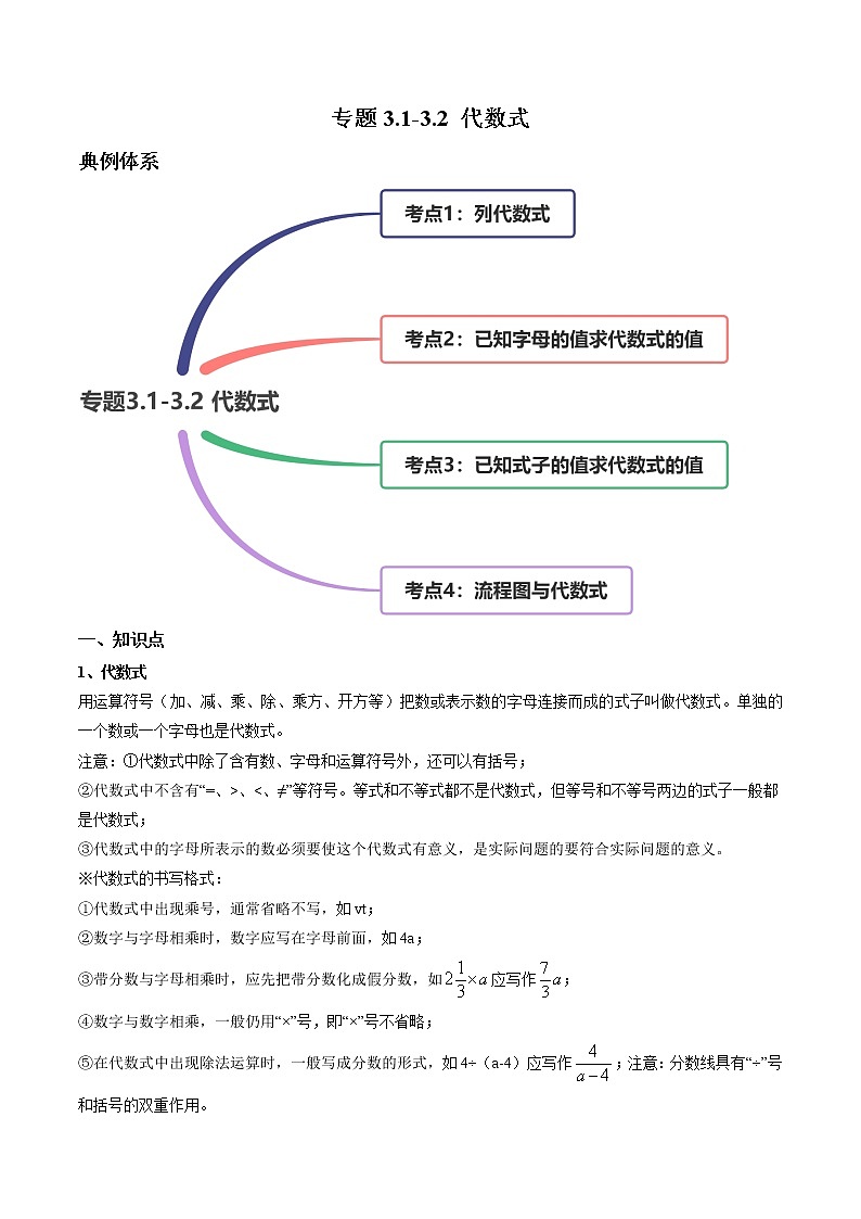 专题3.1-3.2 代数式讲练-简单数学之2021-2022学年七年级上册同步讲练（原卷版）（北师大版）第1页