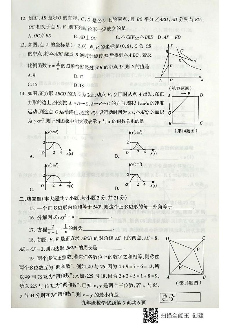 山东省临沂市费县2020届九年级中考二模数学试题（扫描版）第3页