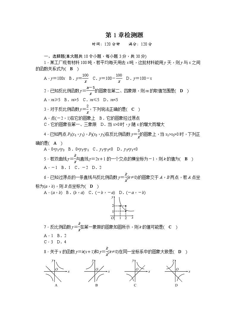 湘教版数学九年级上册第1章《反比例函数》单元检测题（有答案）01