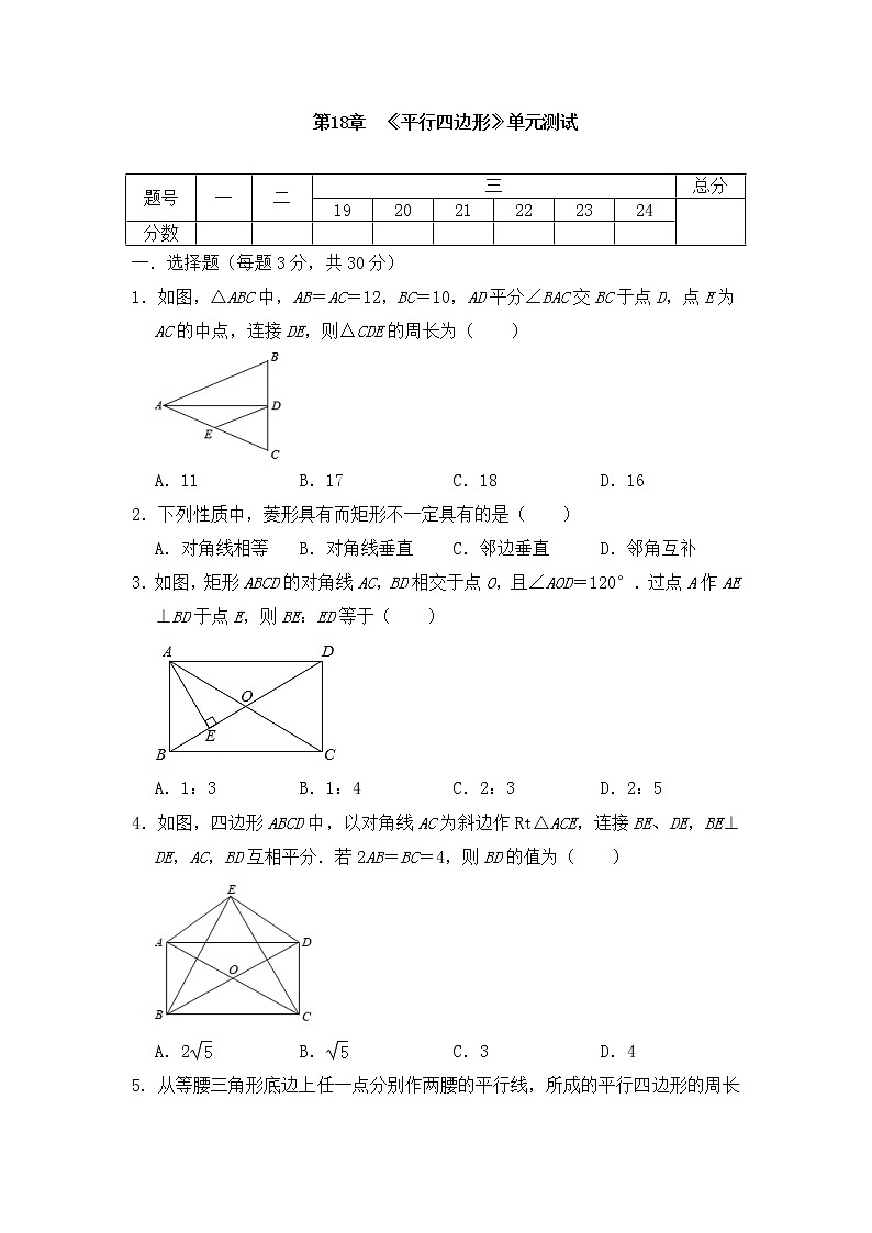人教版八年级下册数学第18章平行四边形单元测试试卷（word版含答案）第1页