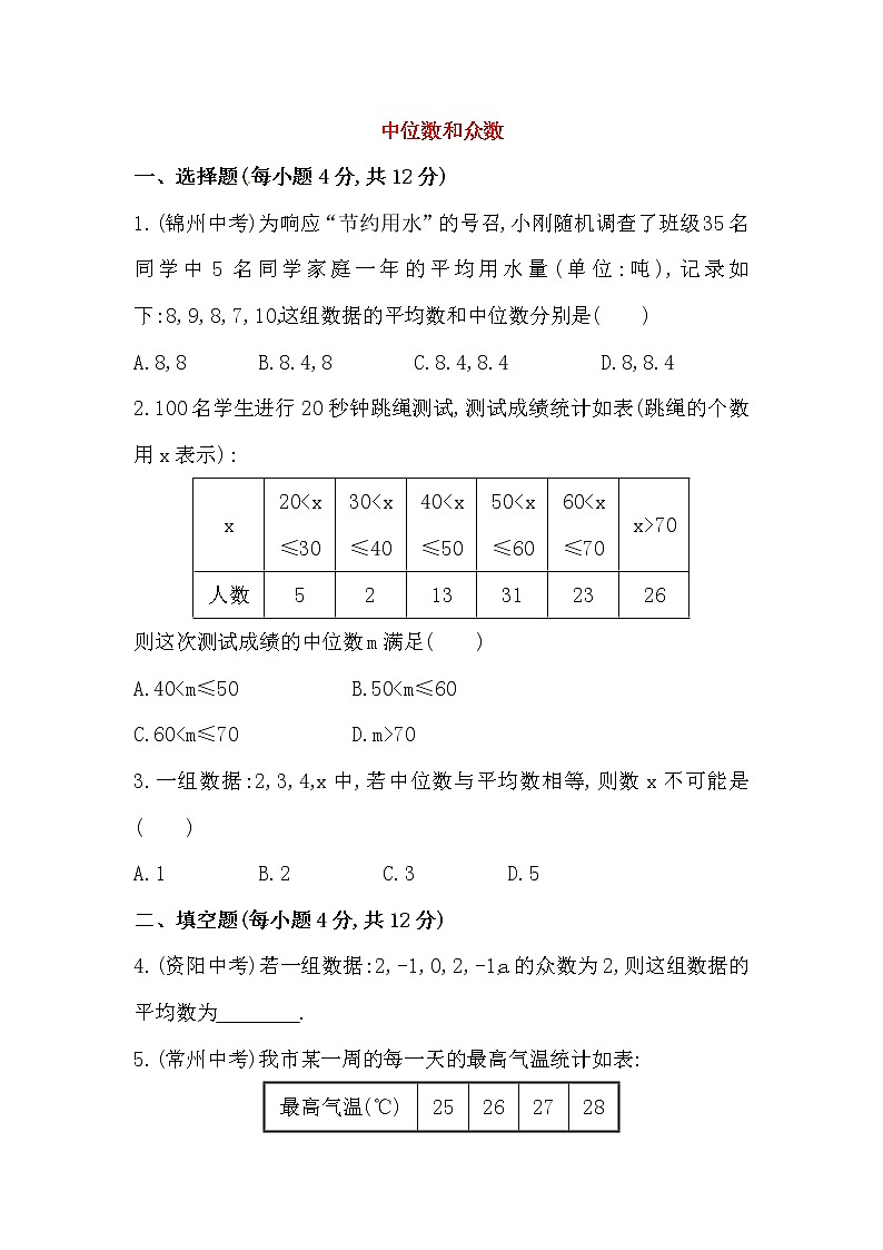 八年级数学下册知识点汇聚测试卷：中位数和众数初级测试（含详解）第1页