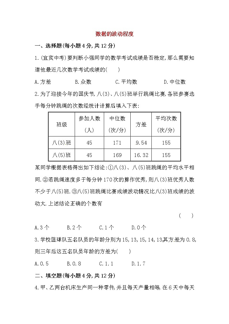 八年级数学下册知识点汇聚测试卷：数据的波动程度深入测试（含详解）第1页