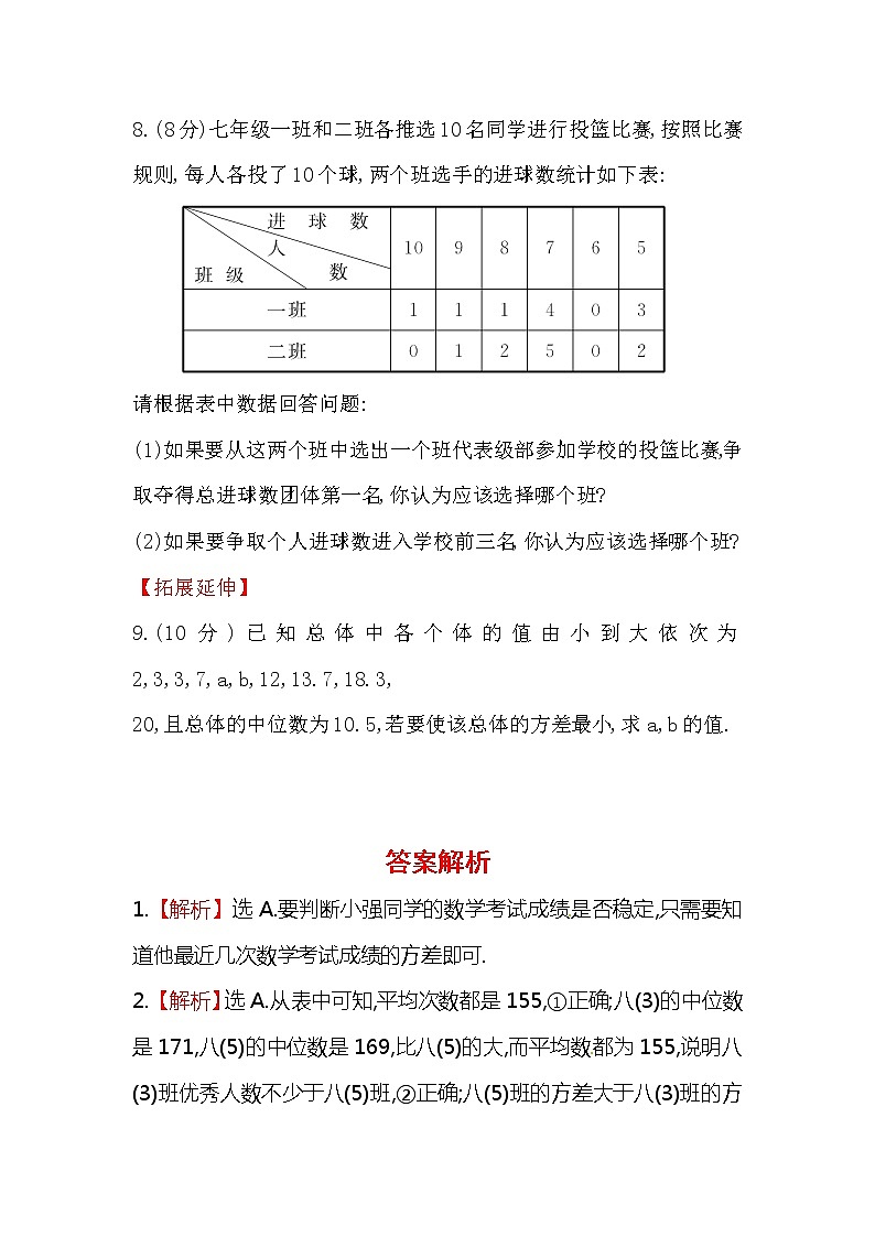 八年级数学下册知识点汇聚测试卷：数据的波动程度深入测试（含详解）第3页