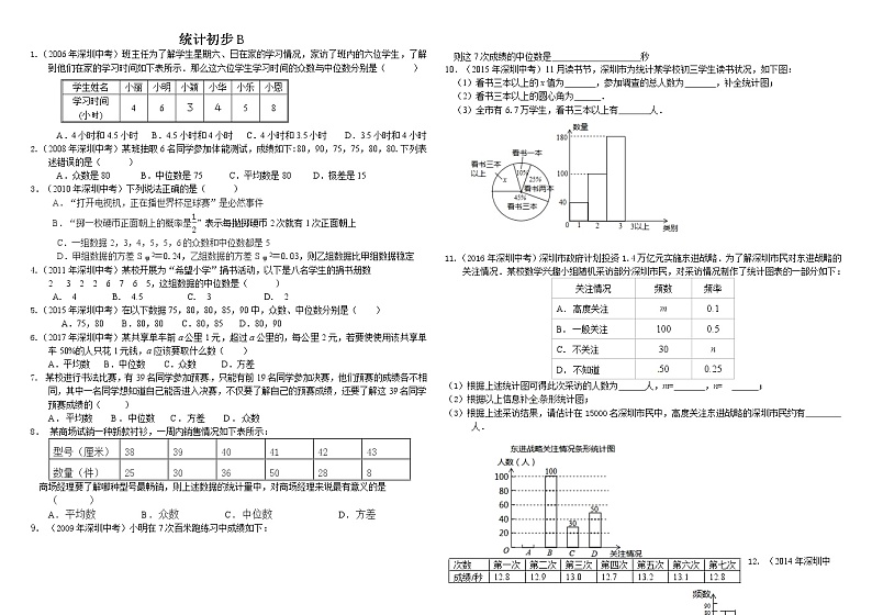 中考数学一轮复习夯实训练统计二01