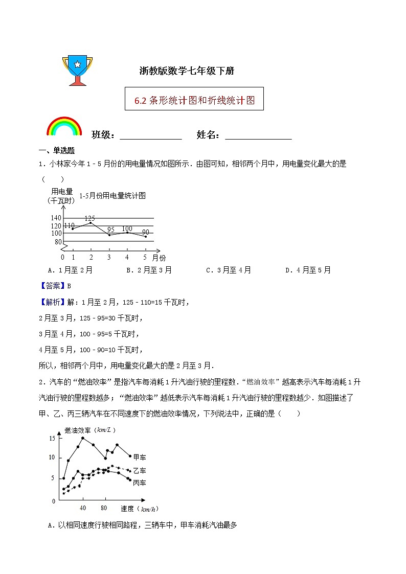 浙教版数学七年级下册6.2条形统计图和折线统计图练习试题01