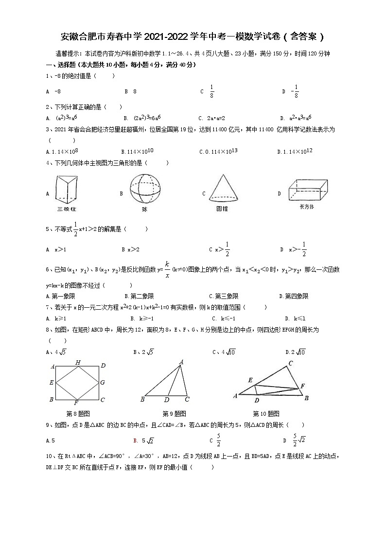 2022年安徽省合肥市寿春中学中考一模数学试卷（word版含答案）第1页