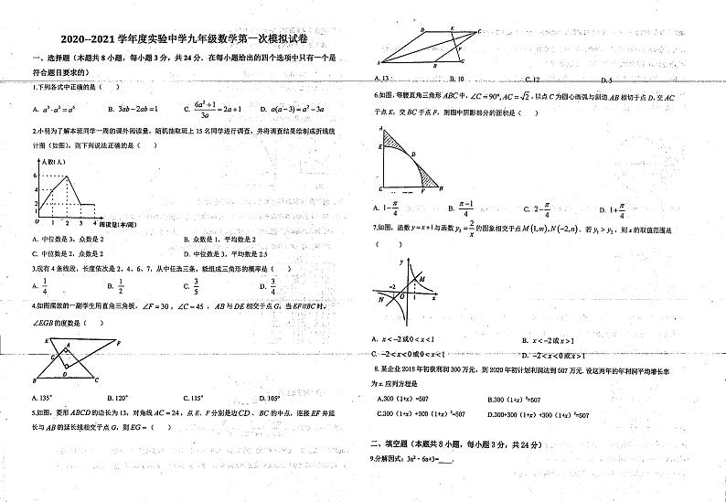 宁夏固原市西吉县实验中学2021年九年级第一次模拟数学试卷第1页