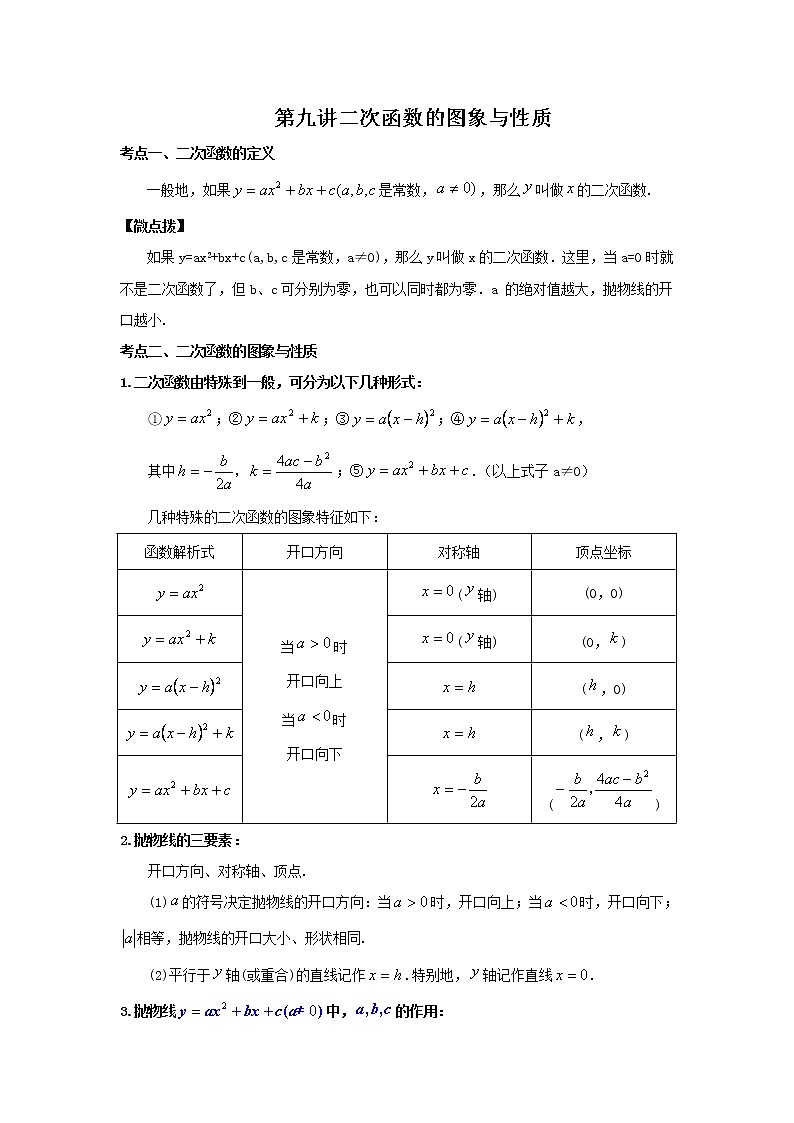 （全国通用）2022年中考数学命题点及重难题型分类突破练 第九讲 二次函数的图象与性质（解析版）第1页