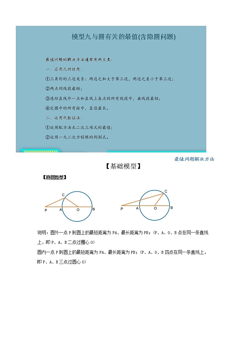 （全国通用）2022年中考数学命题点及重难题型分类突破练 模型九 与圆有关的最值(含隐圆问题)（原卷版+解析版）01