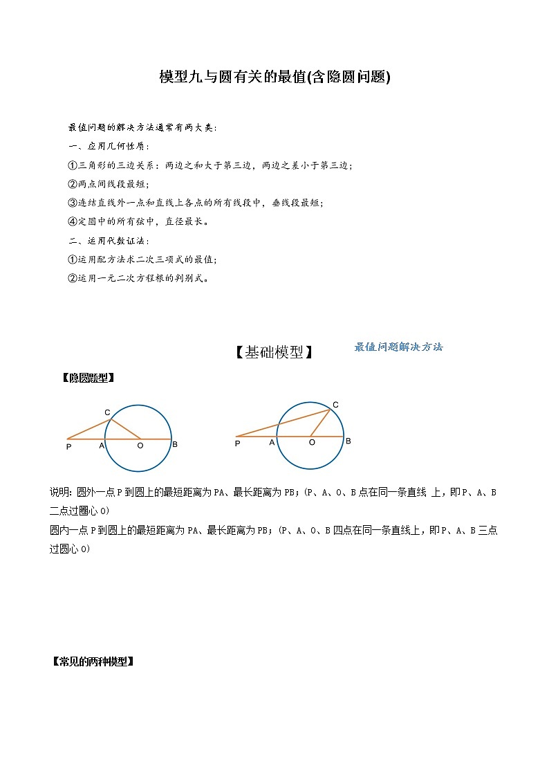 （全国通用）2022年中考数学命题点及重难题型分类突破练 模型九 与圆有关的最值(含隐圆问题)（原卷版+解析版）01