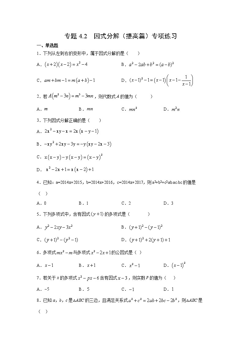 专题4.2 因式分解（提高篇）专项练习-2021-2022学年七年级数学下册阶段性复习精选精练（浙教版）第1页