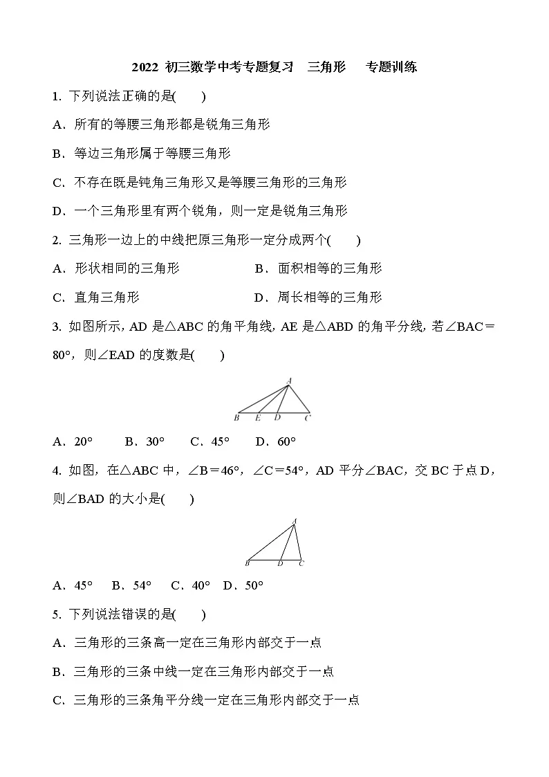 2022年中考数学复习《三角形》专题训练(含答案)第1页