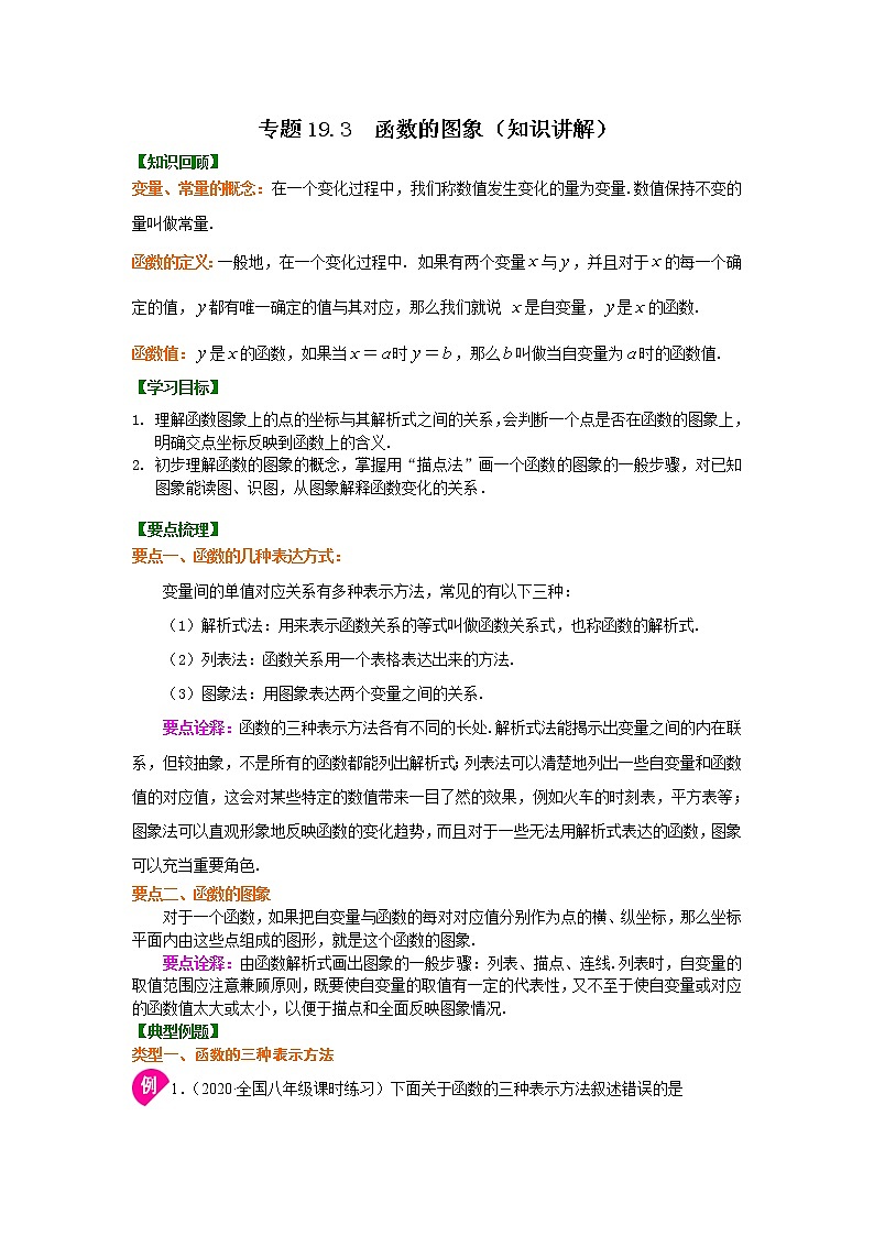 专题19.3 函数的图象（知识讲解）-2021-2022学年八年级数学下册基础知识专项讲练（人教版）学案第1页