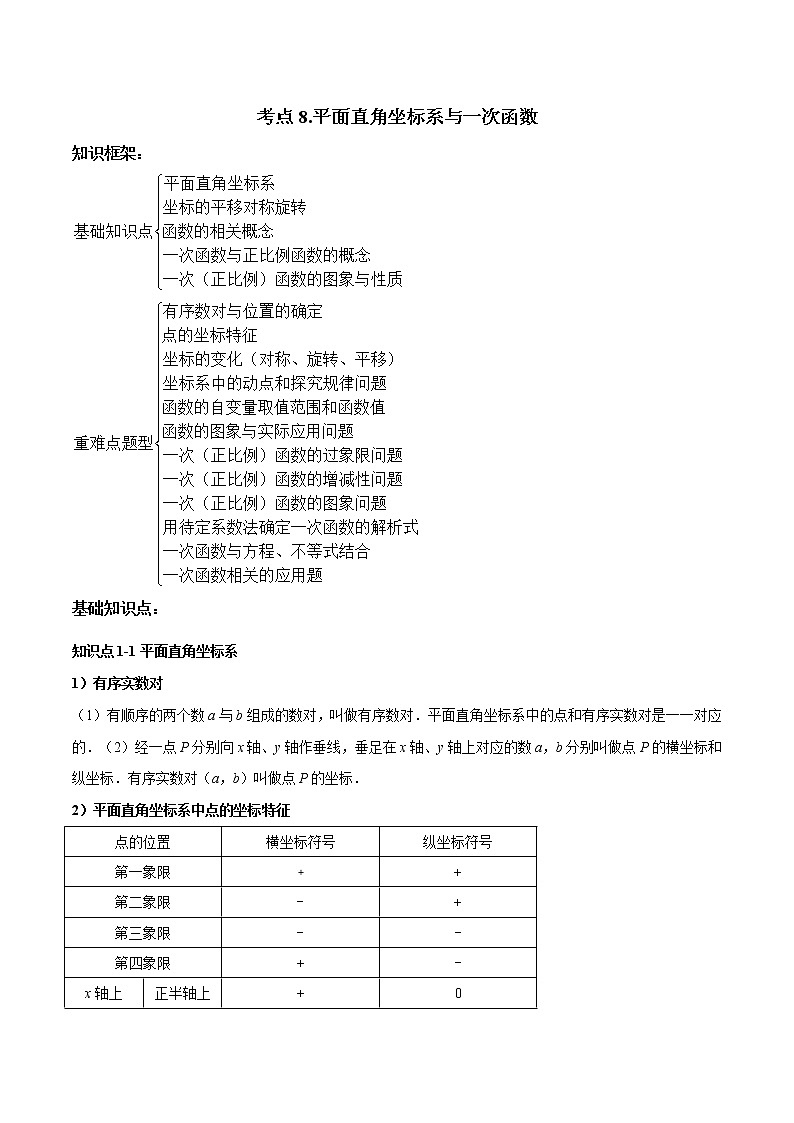 考点08 平面直角坐标系与一次函数-2022年中考数学高频考点专题突破（全国通用）（解析版）第1页