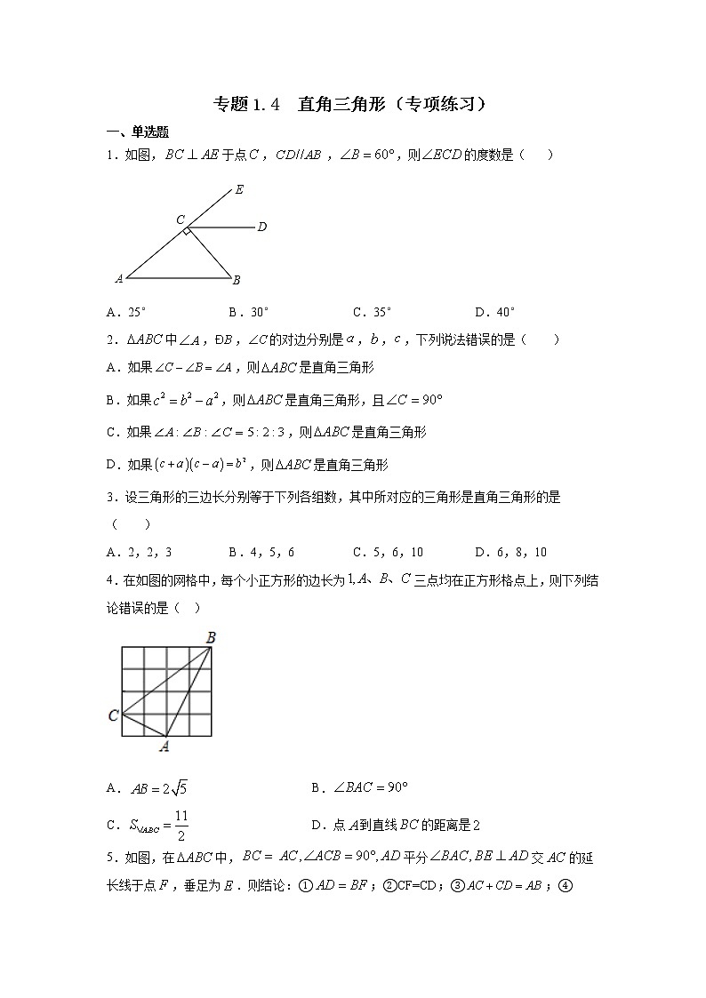 专题1.4 直角三角形（专项练习）-2021-2022学年八年级数学下册基础知识专项讲练（北师大版）第1页