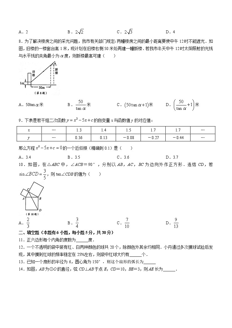 浙江省温州市瑞安市2021-2022学年九年级上学期第一次学业水平适应性测试数学试题(word版含答案)第2页