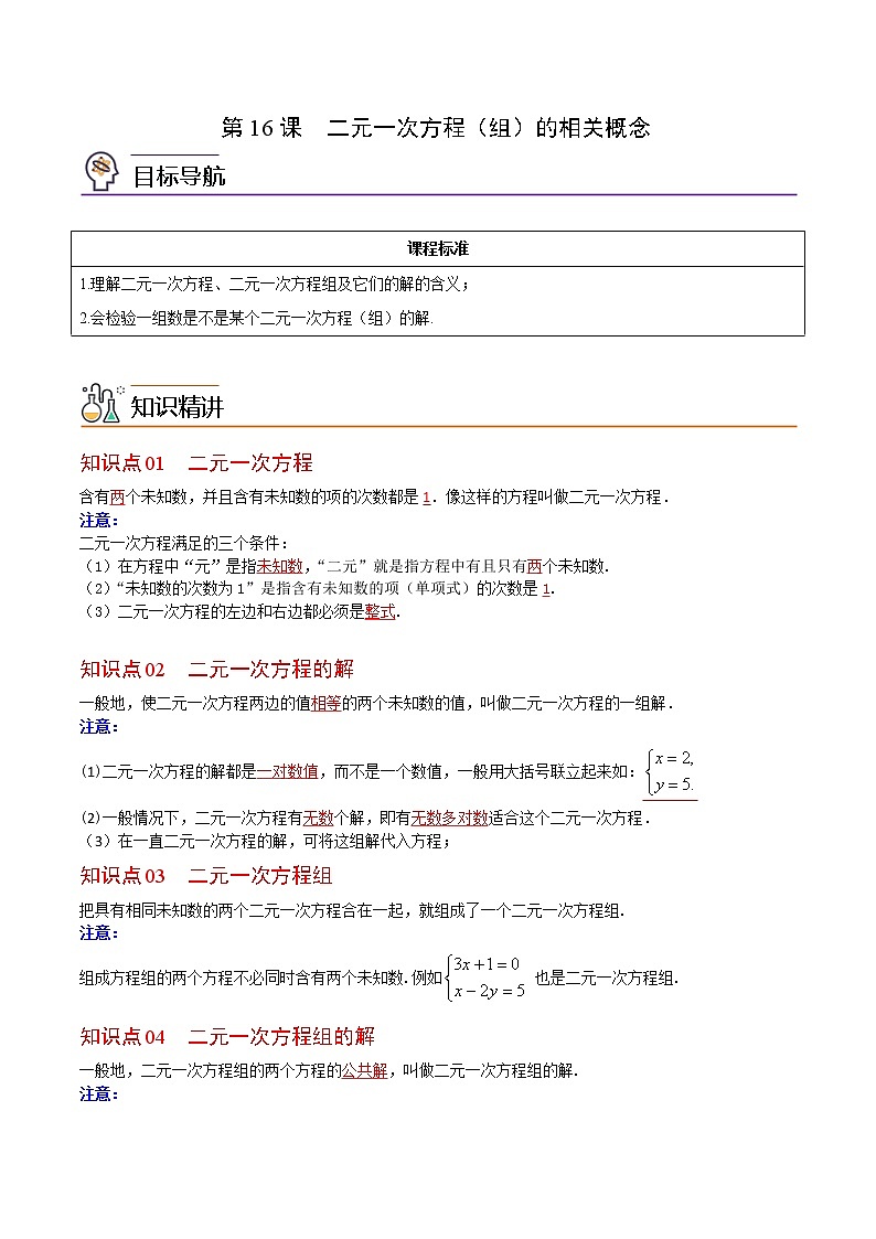 人教版 七年级数学下册同步精品讲义 第16课  二元一次方程（组）的相关概念 (教师版+学生版）学案01