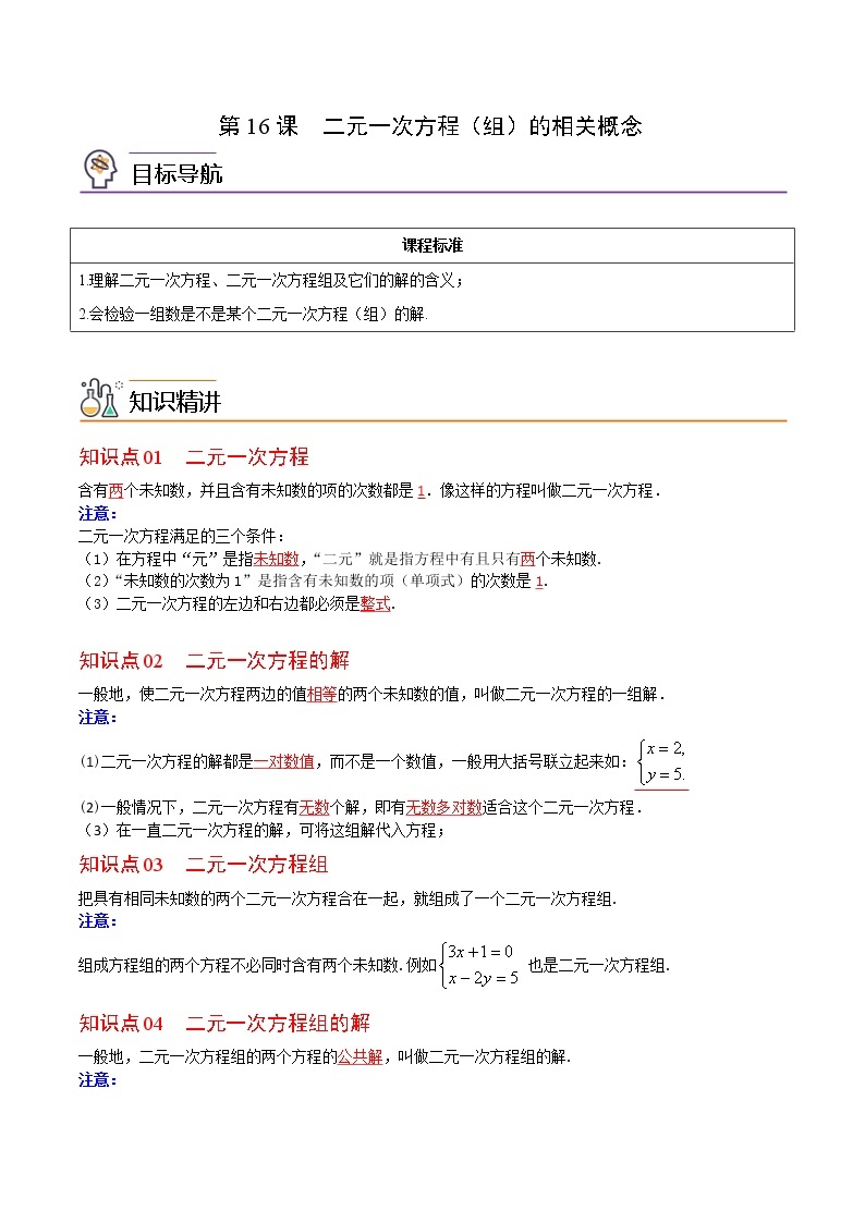 人教版 七年级数学下册同步精品讲义 第16课  二元一次方程（组）的相关概念 (教师版+学生版）学案01