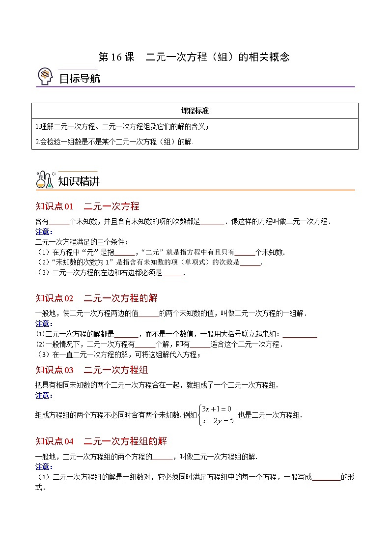 人教版 七年级数学下册同步精品讲义 第16课  二元一次方程（组）的相关概念 (教师版+学生版）学案01