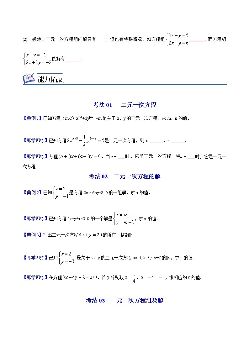 人教版 七年级数学下册同步精品讲义 第16课  二元一次方程（组）的相关概念 (教师版+学生版）学案02