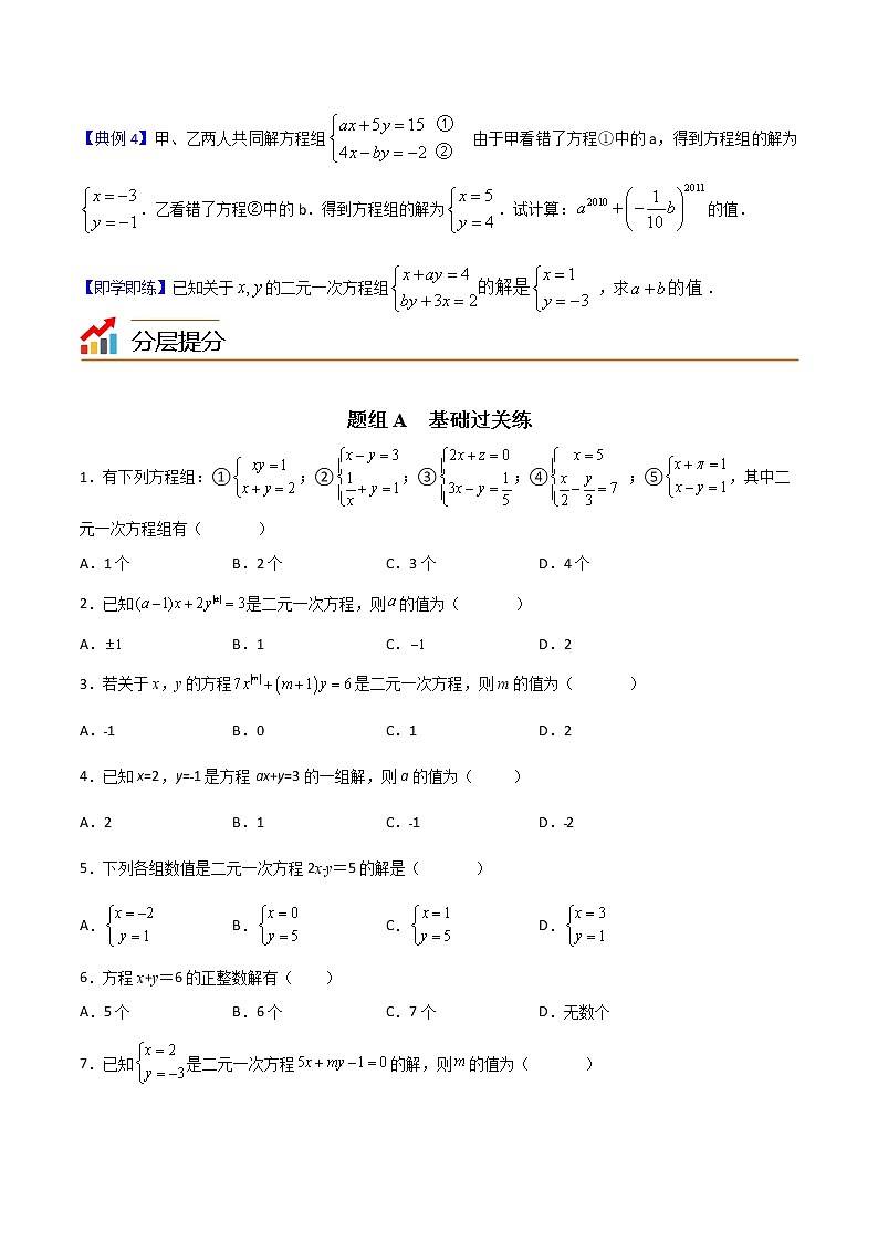 人教版 七年级数学下册同步精品讲义 第16课  二元一次方程（组）的相关概念 (教师版+学生版）学案03