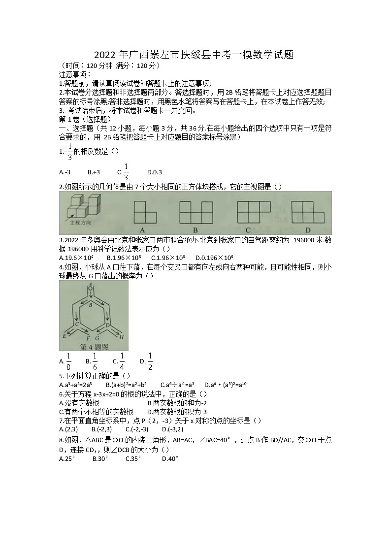 2022年广西崇左市扶绥县中考一模数学试题01