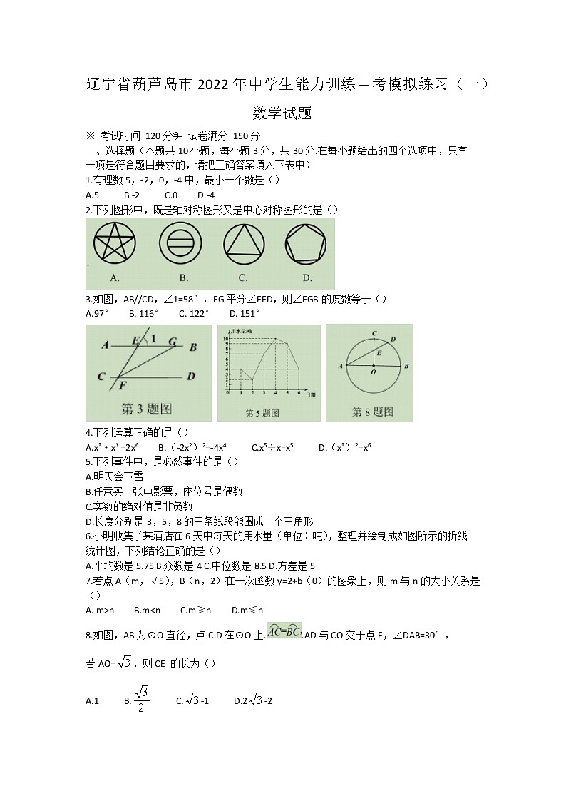 辽宁省葫芦岛市2022年中学生能力训练中考模拟练习（一）数学试题(word版含答案)第1页