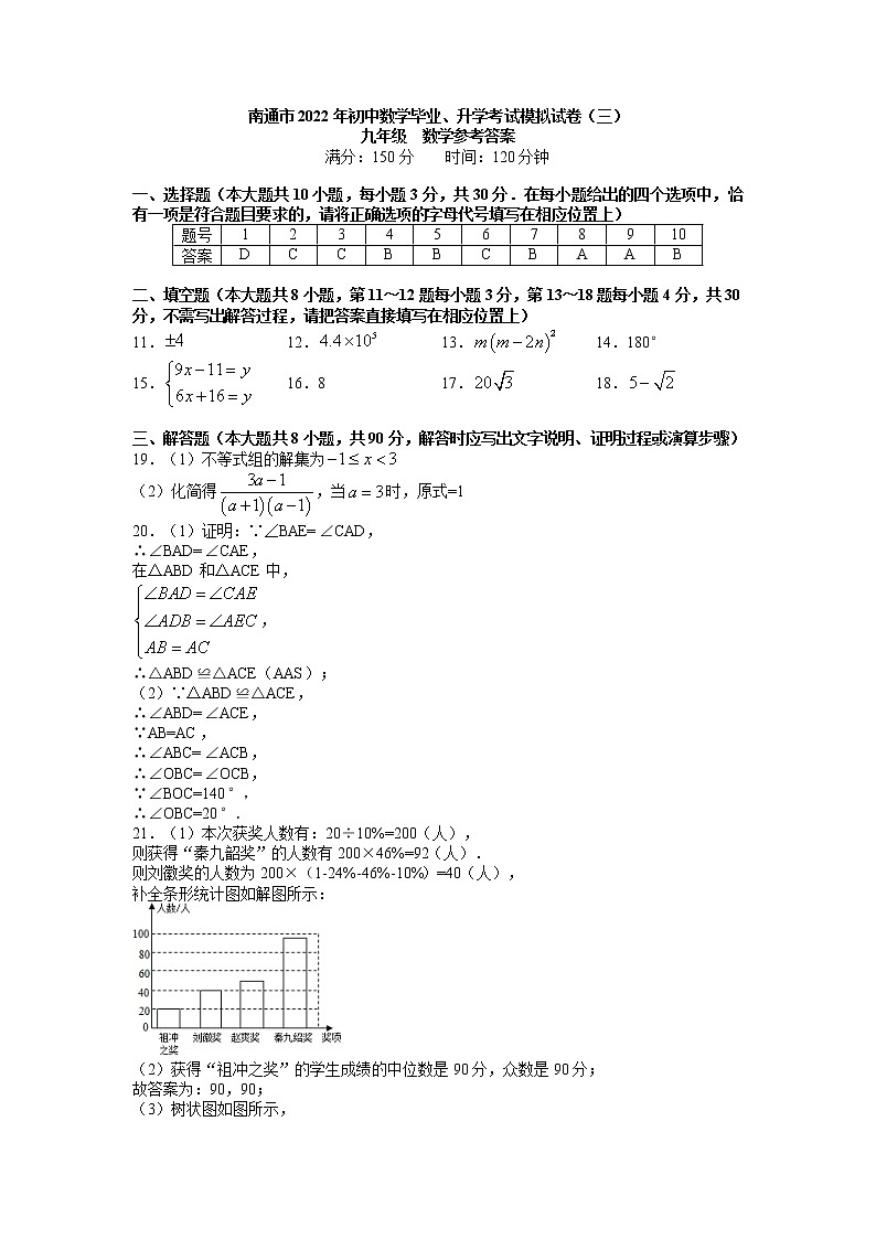 2022年江苏省南通市初中数学毕业、升学考试模拟试卷(三)（答案）第1页
