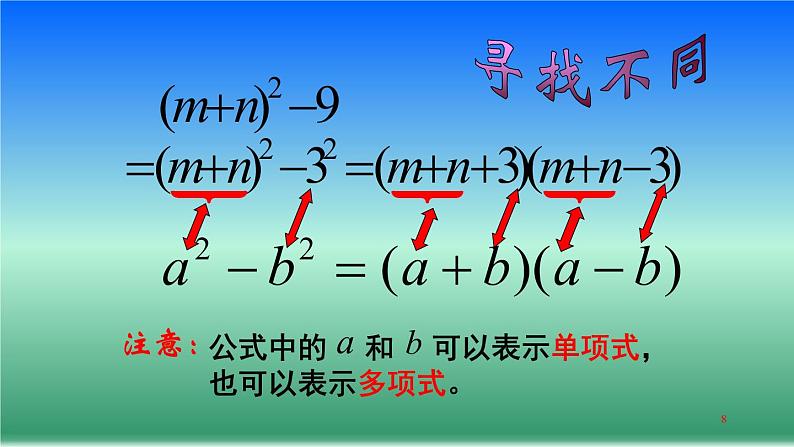 北师大版八年级数学下册 4.3 利用平方差公式进行因式分解(2)（课件）第8页