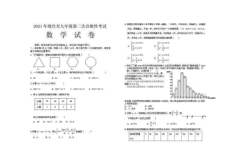 2021年四川省德阳市绵竹市九年级第二次诊断性考试数学试题(word版含答案)第1页