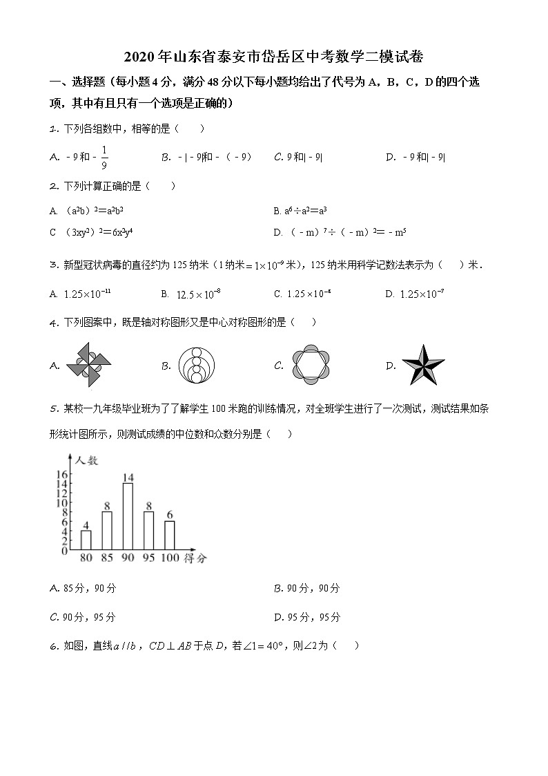 精品解析：2020年山东省泰安市岱岳区中考数学二模试题（原卷版）第1页