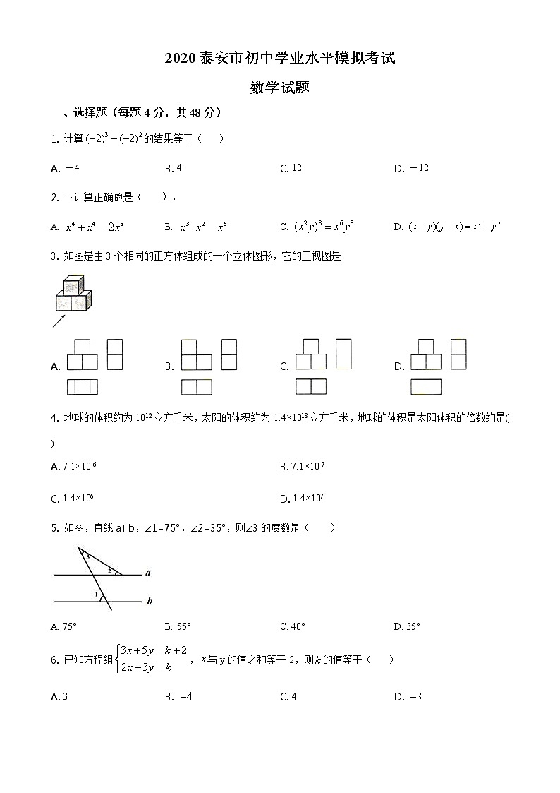 精品解析：2020年山东省泰安市九年级中考二模数学试题（解析版+原卷板）01