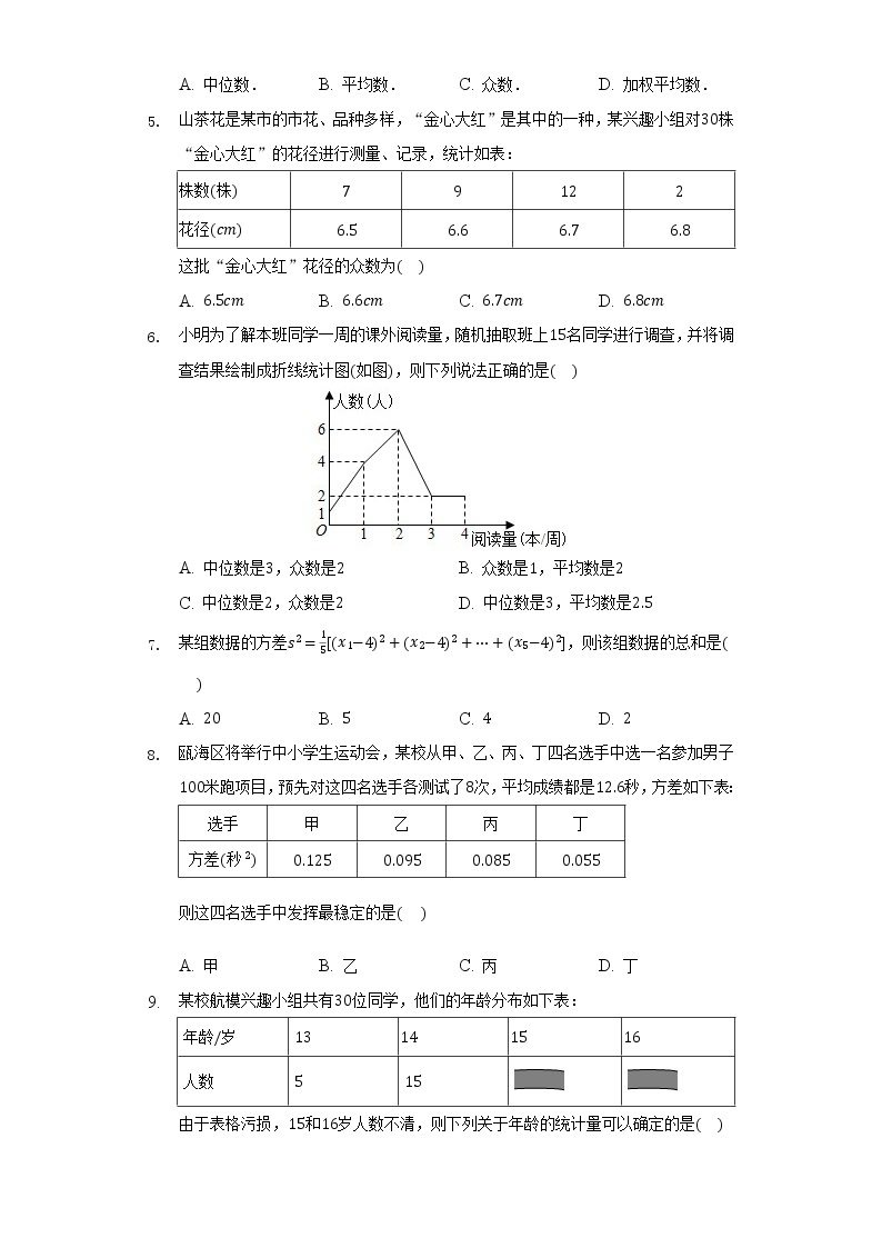 浙教版初中数学八年级下册第三单元《数据分析初步》测试卷（较易）02