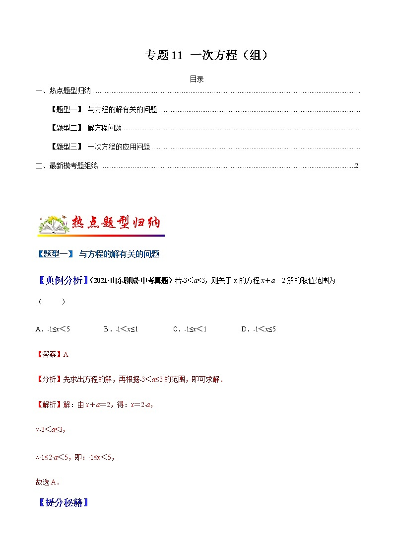 专题11 一次方程（组）（教师版）第1页