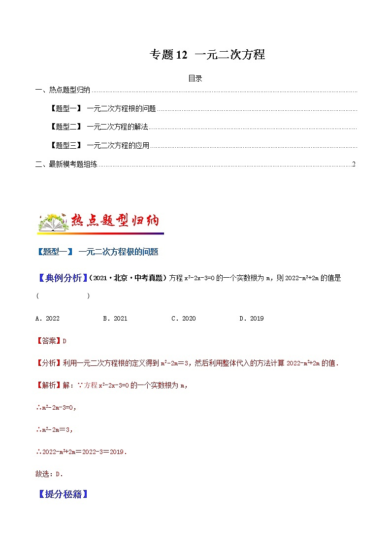 专题12 一元二次方程（教师版）第1页