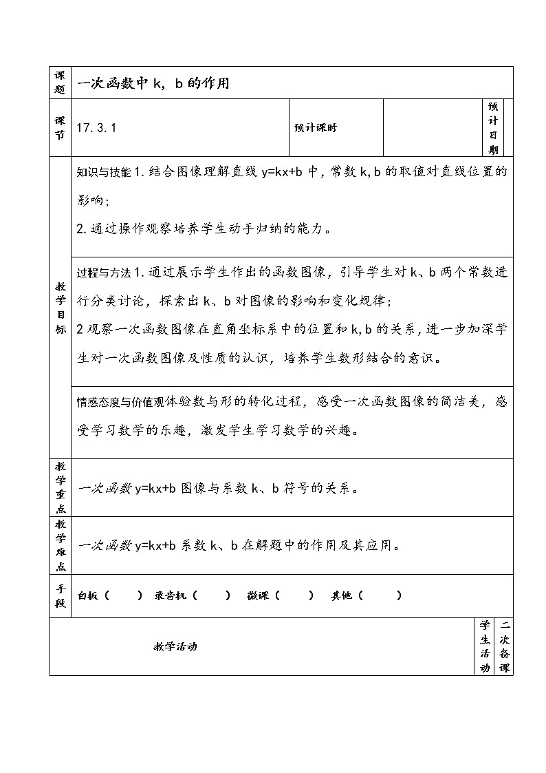 华东师大版八年级下册数学  17.3.2 一次函数的图象(4)（教案）01
