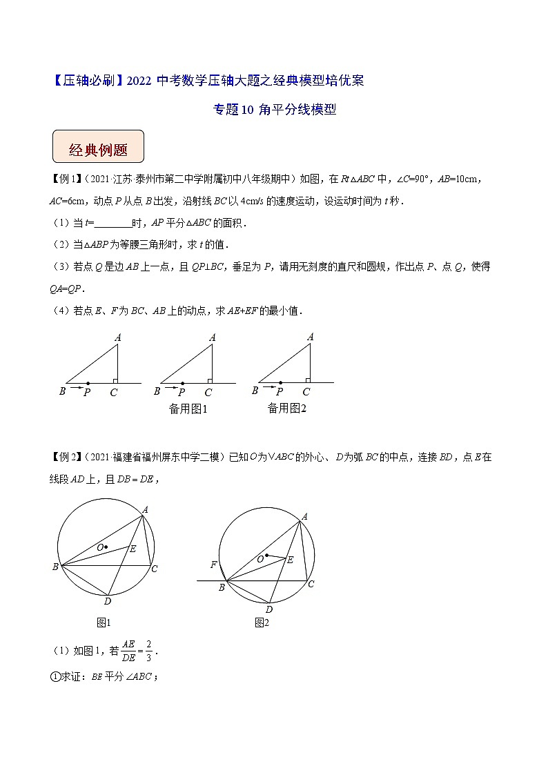 2022年苏教版中考数学压轴题经典模型教案专题10 角平分线模型01