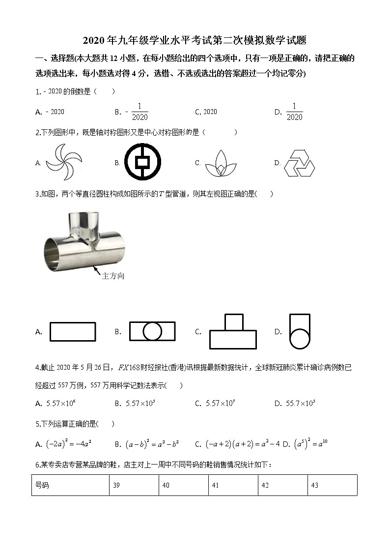 精品解析：2020年山东省乐陵市九年级学业水平二模数学试题（原卷版）第1页