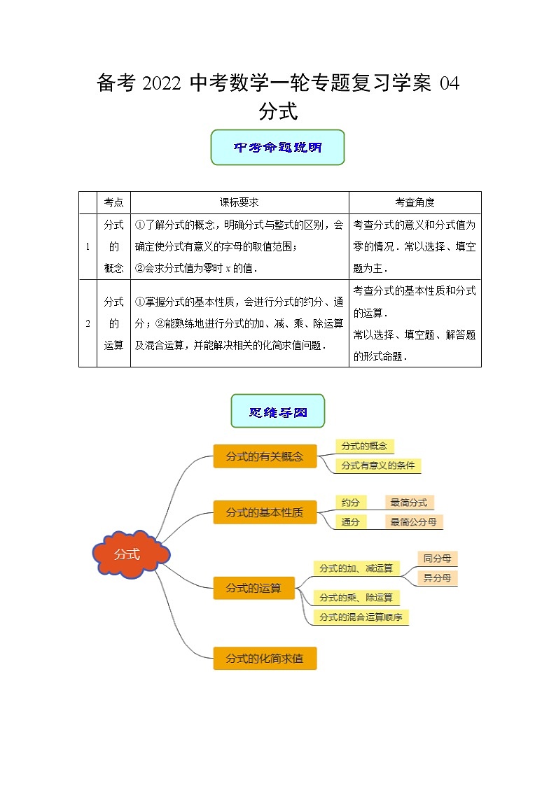 备考2022中考数学一轮专题复习学案04 分式第1页
